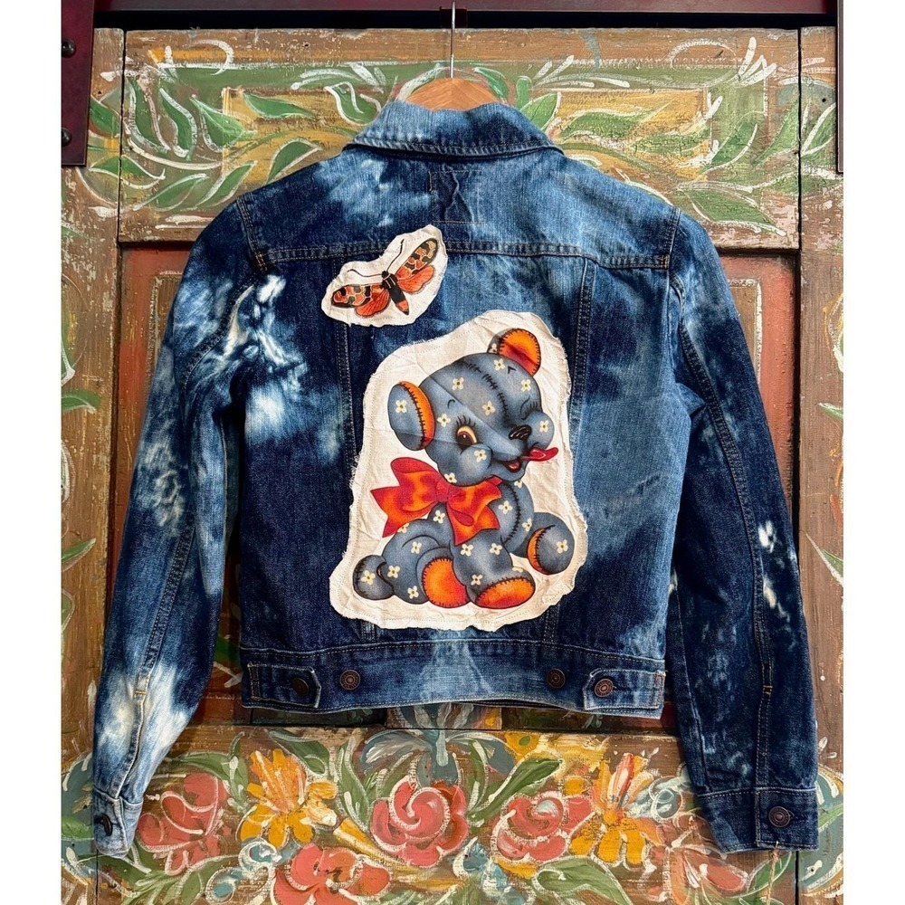 Distressed Denim Jacket| Vintage Patchwork Puppy One of a Kind Boho| XS